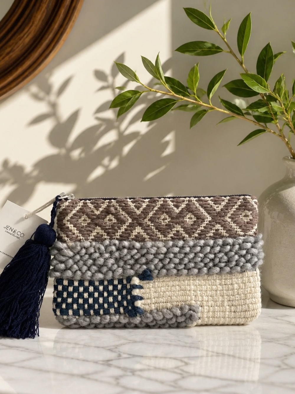 Jene & Co. Textured Woven Zip Pouch - Gray, Navy & Cream